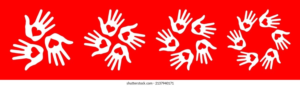 Conjunto de huellas de manos blancas con iconos de los círculos cardíacos. Emblemas de huellas digitales. Insignia redonda de mano. Logo del vector 