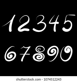 Set of white hand written numbers on a black background