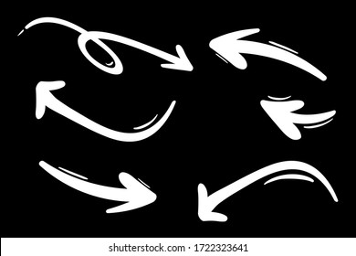 Set of white hand-drawn arrows on a black background. Vector outline illustration