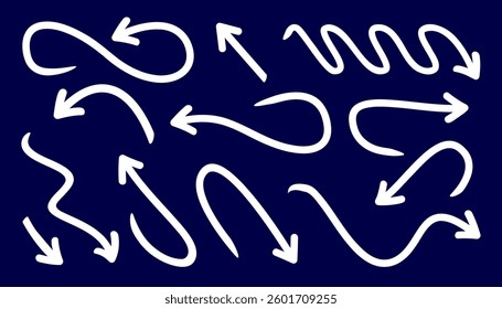 Set of white hand-drawn arrows on a dark blue background, featuring curved, wavy, and looped designs for direction, navigation, and infographics in a sketch style