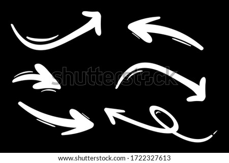 Set of white hand-drawn arrows on a black background. Vector outline illustration