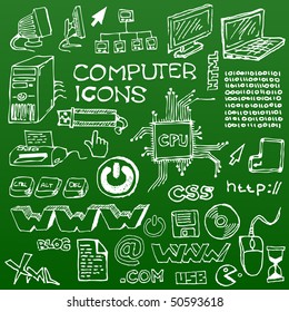 Set of white hand-drawn computer icons on green background
