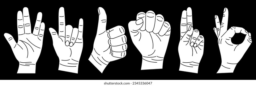 Set of white hands with different gestures. Modern trendy flat cartoon style. Hand drawn vector illustration. Hands show rock, ok, like, go.