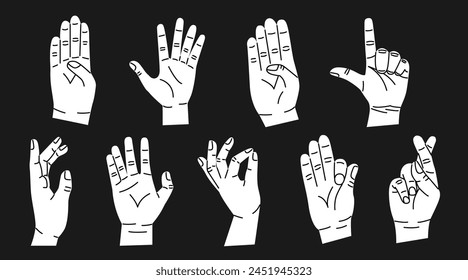 Set of white hands with different gestures. Modern trendy flat style. Hand drawn vector illustration. Hands show different signs and symbols. Body language for communication. On black background