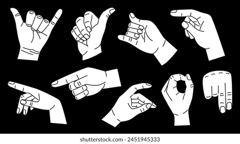 Set of white hands with different gestures. Modern trendy flat style. Hand drawn vector illustration. Hands show different signs and symbols. Body language for communication. On black background