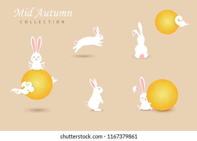 Set of white happy, cute moon rabbits with chinese clouds, full yellow moon. Chinese Mid Autumn Festival. Collection funny bunny. Vector illustration.