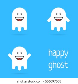 set of white happy ghost emoji. concept of creepy specter, mad, positive, comic, spooky, floating phantasm, magic, wraith. flat style trend modern logotype graphic art design on blue background