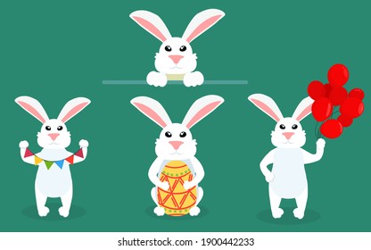 set of white hares for a happy Easter, spring illustration