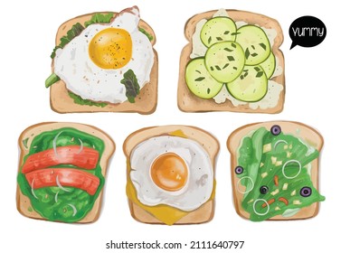 Set of white healthy toast bread slices for sandwich with sweet and savoury topping isolated on white background. Toast with jam, fruits and vegetables