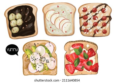 Set of white healthy toast bread slices for sandwich with sweet and savoury topping isolated on white background. Toast with jam, fruits and vegetables