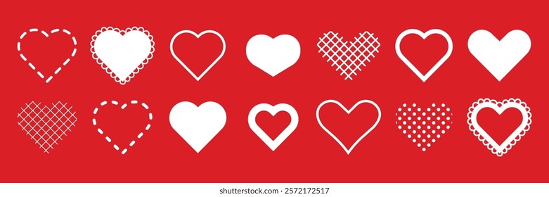 Set of white heart icons on a red background. Various heart designs, including dotted, laced, and solid hearts. Perfect for Valentine's Day or romantic themes. Valentine's Day elements, vector set.