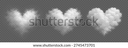 Set of white hearts clouds isolated on transparent background. Soft fluffy smoke forming romantic heart symbols with realistic vapor texture for Valentines Day or wedding invitations. Vector.