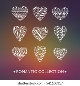 Set of White Hearts with Geometric Ornament. Criative Romantic Collection.