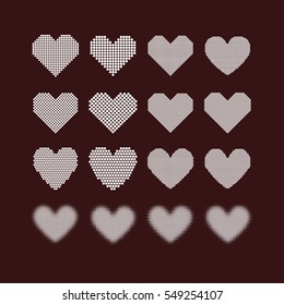 Set of white hearts with halftone effect
