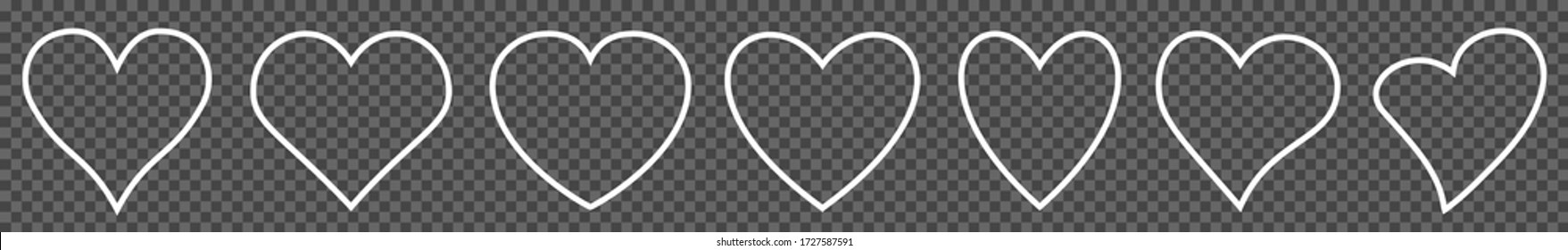 Set of white hearts icon on transparent background, heart drawn hand variations – stock vector
