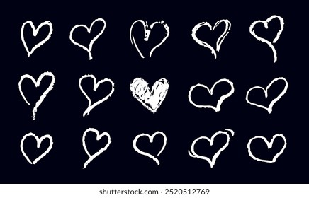 Set of white hearts signs drawn by wax pencil. Love symbols in doodle style. Collection of hand drawn kid hearts elements for valentine card or rock, hip hop music poster design. Vector illustration.