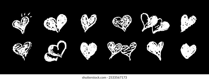 Set of white hearts signs drawn by wax pencil. Love symbols in doodle style. Collection of hand drawn kid hearts elements for valentine card or rock, hip hop music poster design. Vector illustration.