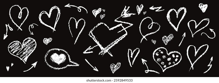 Set of white hearts signs drawn by wax pencil. Love symbols in doodle style. Collection of hand drawn kid hearts elements for valentine card or rock, hip hop music poster design. Vector illustration.