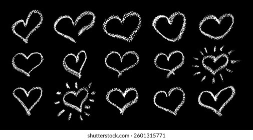 Set of white hearts signs drawn by wax pencil. Love symbols in doodle style. Collection of hand drawn kid hearts elements for valentine card or rock, hip hop music poster design. Vector illustration
