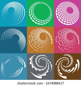set of white helical, spiraling, curl and curly shapes. spiral, twirl, swirl illustration. twine design elements over single-color, monochrome background, backdrop. helix, volute set