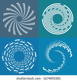 set of white helical, spiraling, curl and curly shapes. spiral, twirl, swirl illustration. twine design elements over single-color, monochrome background, backdrop. helix, volute set