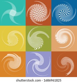 set of white helical, spiraling, curl and curly shapes. spiral, twirl, swirl illustration. twine design elements over single-color, monochrome background, backdrop. helix, volute set