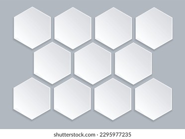 Conjunto de hexágonos blancos sobre fondo gris. Diseño de plantillas infográficas. 11 Honeypes vacíos con lugar para imágenes. Vector realista. Traducción monocromática futurista. EPS10. 