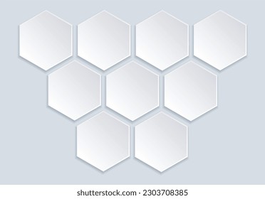 Conjunto de hexágonos blancos sobre fondo gris. Diseño de plantillas infográficas. 9 Honeypes vacíos con lugar para imágenes. Vector realista. Traducción monocromática futurista. EPS10. 