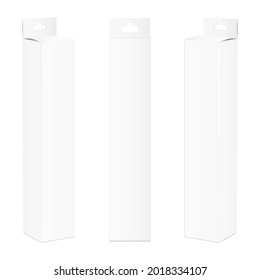 Set of white high vertical packaging boxes with hang tab. Three realistic blank empty boxes. Mockup template design. Front view. Retail product package. Vector illustration