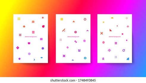Juego de afiches blancos de hipster al estilo de Memphis. Plantilla para volante, portada de folletos o folletos. Banners de moda, impresiones abstractas con formas geométricas
