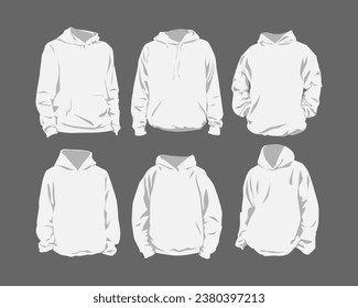 set of white hoodies. front look. flat vector illustration.
