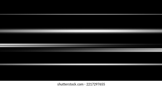 Set of white horizontal highlights. Laser beams, horizontal light beams. Beautiful light reflections. Glowing stripes on a black background.