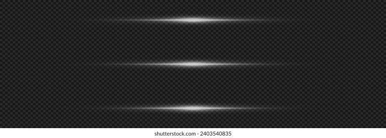 Set of white horizontal highlights. Laser light beams, horizontal light beams. Beautiful light flashes. On a transparent background.