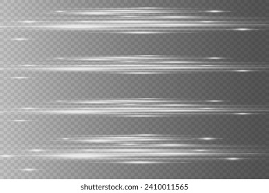 Set of white horizontal highlights. Laser light beams, horizontal light beams. Beautiful light flashes. On a transparent background.