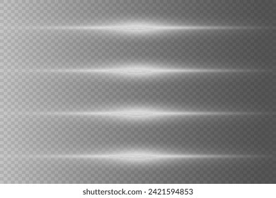 Set of white horizontal highlights. Laser light beams, horizontal light beams. Beautiful light flashes. On a transparent background.