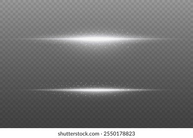 Set of white horizontal highlights. Laser beams and lines, light flash. On a transparent background.
