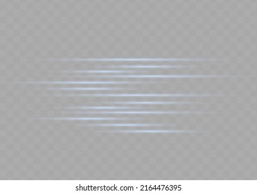 Set of white horizontal lens flares pack. Abstract light flares, laser beams, sparkling lined, horizontal light rays. Vector illustration.
