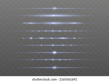 Set of white horizontal lens flares pack. Abstract light flares, laser beams, sparkling lined, horizontal light rays. Vector illustration.