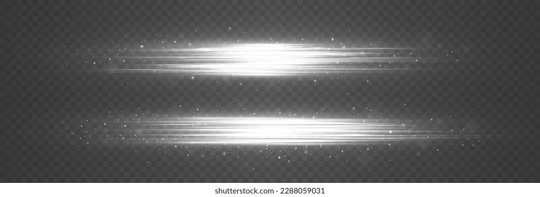 Set of white horizontal lens flares pack. Laser beams, horizontal light rays.