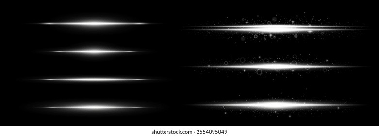 Set of white horizontal light rays.Neon sparks and thin dust particles.Shining lines and highlights on a dark background.