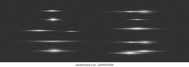 Set of white horizontal lines, beam light effect. On a transparent background.
