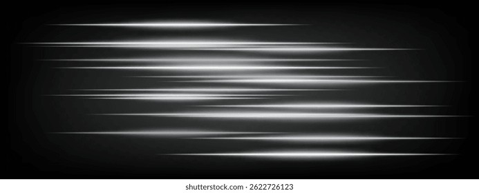 Conjunto de líneas de velocidad de neón Horizontal blanco que brillan intensamente sobre fondo oscuro. Vigas abstractas futuristas ideales para Elementos de interfaz de usuario, efectos digitales, diseños tecnológicos. Ilustración vectorial EPS.