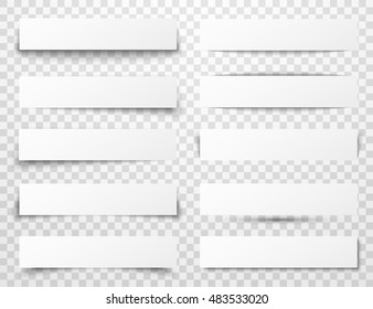 Set of white horizontal paper banners with different realistic shadows on transparent checkered background. Vector illustration