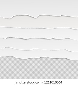 Set of white horizontal ripped paper strips, torn note paper for text or message are on squared background. Vector illustration