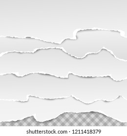 Set of white horizontal ripped paper strips, torn note paper for text or message are on squared background. Vector illustration