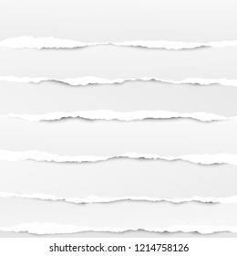 Set of white horizontal ripped paper strips, torn note paper for text or message. Vector illustration