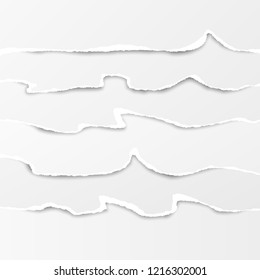Set of white horizontal ripped paper strips, torn note paper for text or message. Vector illustration