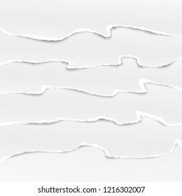 Set of white horizontal ripped paper strips, torn note paper for text or message. Vector illustration