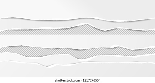 Set of white horizontal ripped paper strips, torn note paper for text or message are on grey squared background. Vector illustration