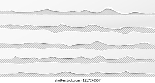 Set of white horizontal ripped paper strips, torn note paper for text or message are on grey squared background. Vector illustration